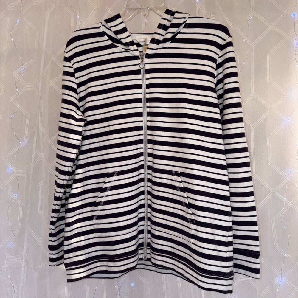 Cj Banks Comfy  full zip navy and white striped hoodie Classic Preppy Size L